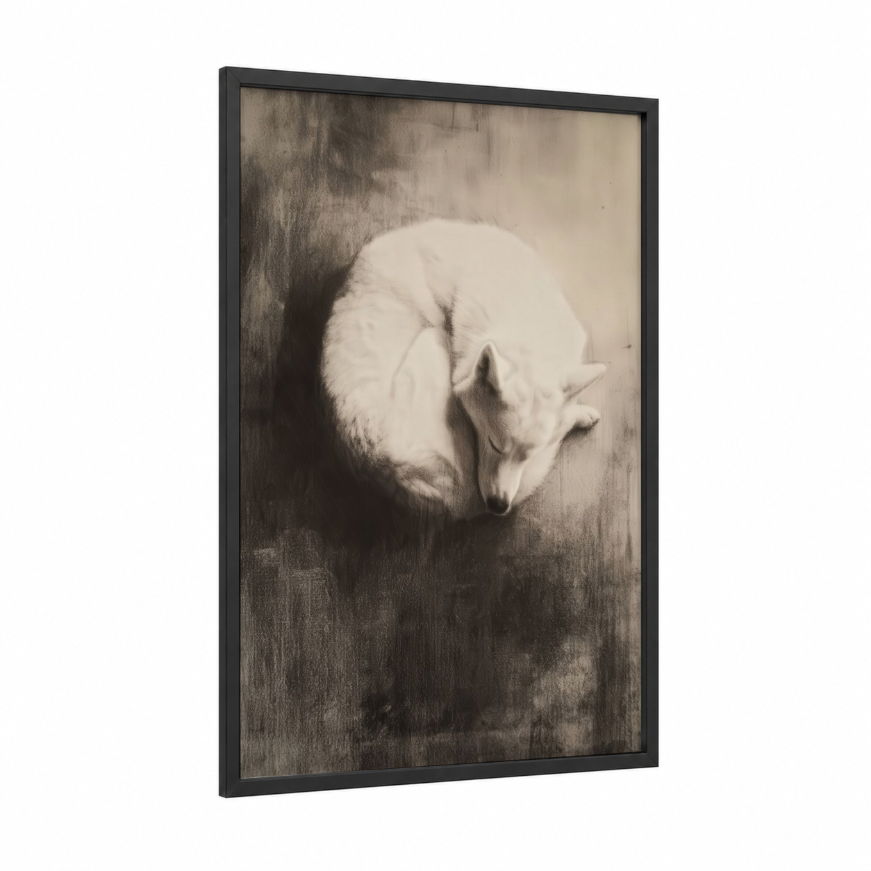 Snowy Husky Curl framed art print — black wood frame — black and white and cream palette