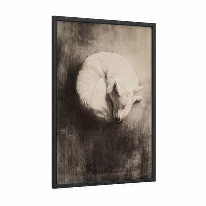Snowy Husky Curl framed art print — black wood frame — black and white and cream palette