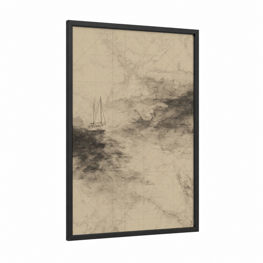 Solitary Sailboat framed sailing print — black wood frame — cream and gray palette