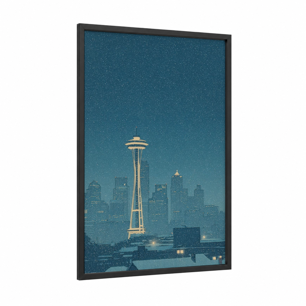 Snowy Seattle Needle framed space needle (seattle) print — black wood frame — teal and gold and white palette