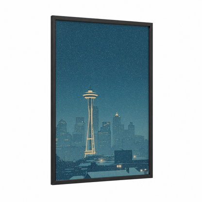 Snowy Seattle Needle framed space needle (seattle) print — black wood frame — teal and gold and white palette
