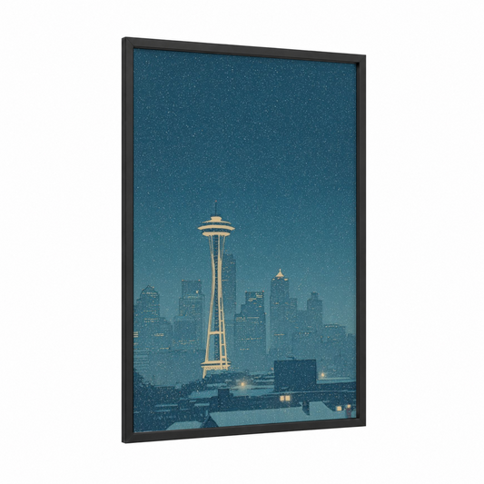 Snowy Seattle Needle framed space needle (seattle) print — black wood frame — teal and gold and white palette