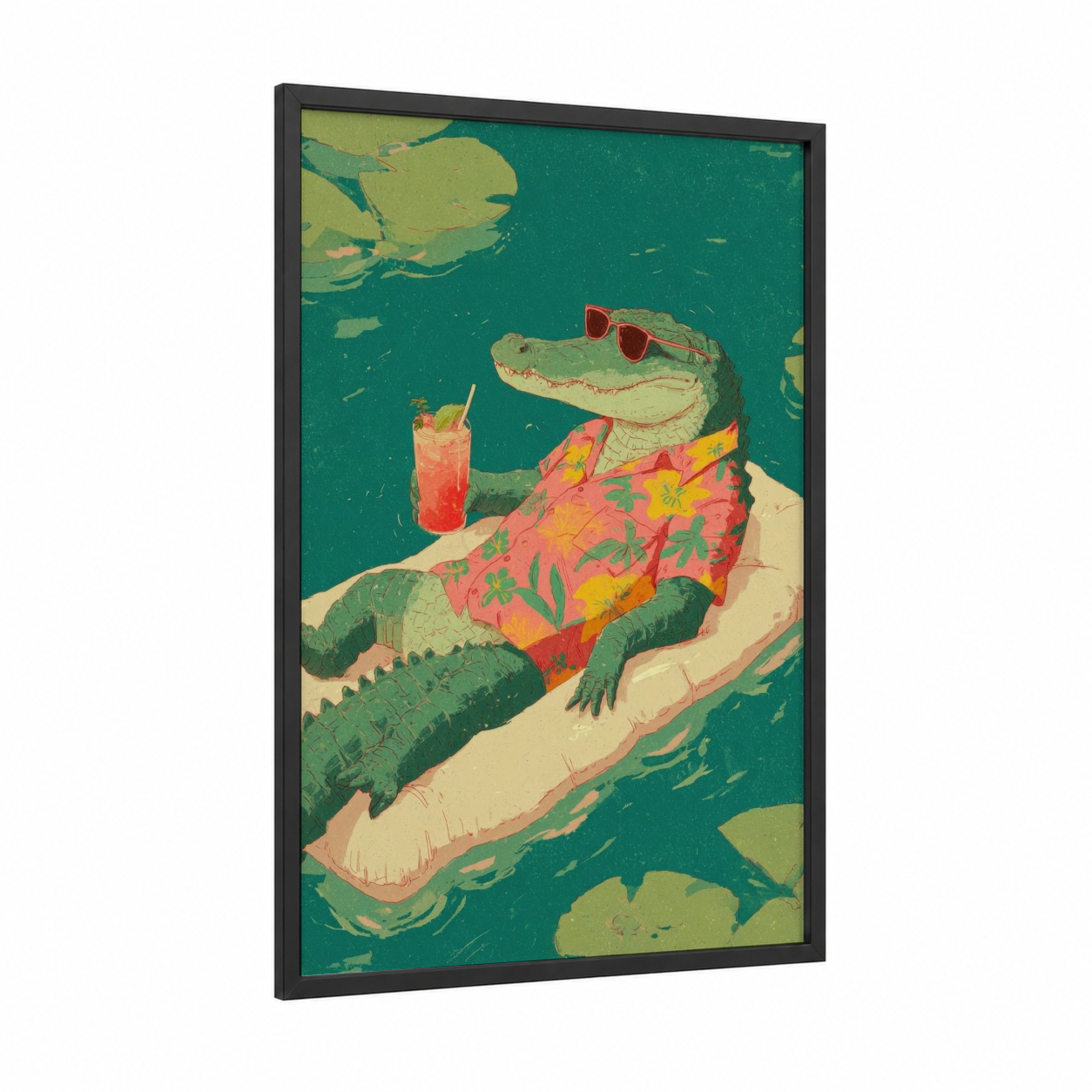 Poolside Alligator framed art print — black wood frame — teal and light green palette