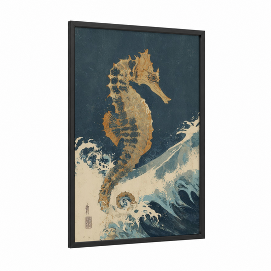 Golden Seahorse framed sea horse print — black wood frame — gold and teal palette