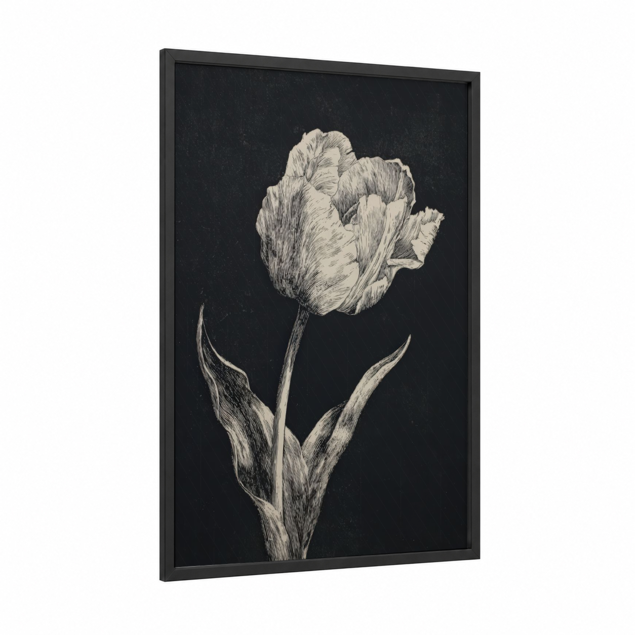 Ivory Tulip Study framed art print — black wood frame — black and white palette