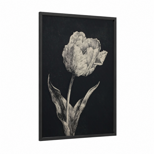 Ivory Tulip Study framed art print — black wood frame — black and white palette