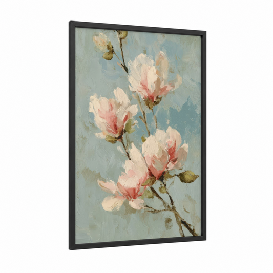 Blush Magnolia Branch framed art print — black wood frame — peach and blue palette