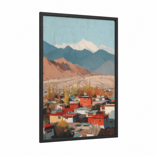 Himalayan Village framed himalayas print — black wood frame — blue and orange palette