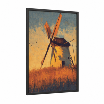 Golden Windmill framed windmills print — black wood frame — gold and russet palette