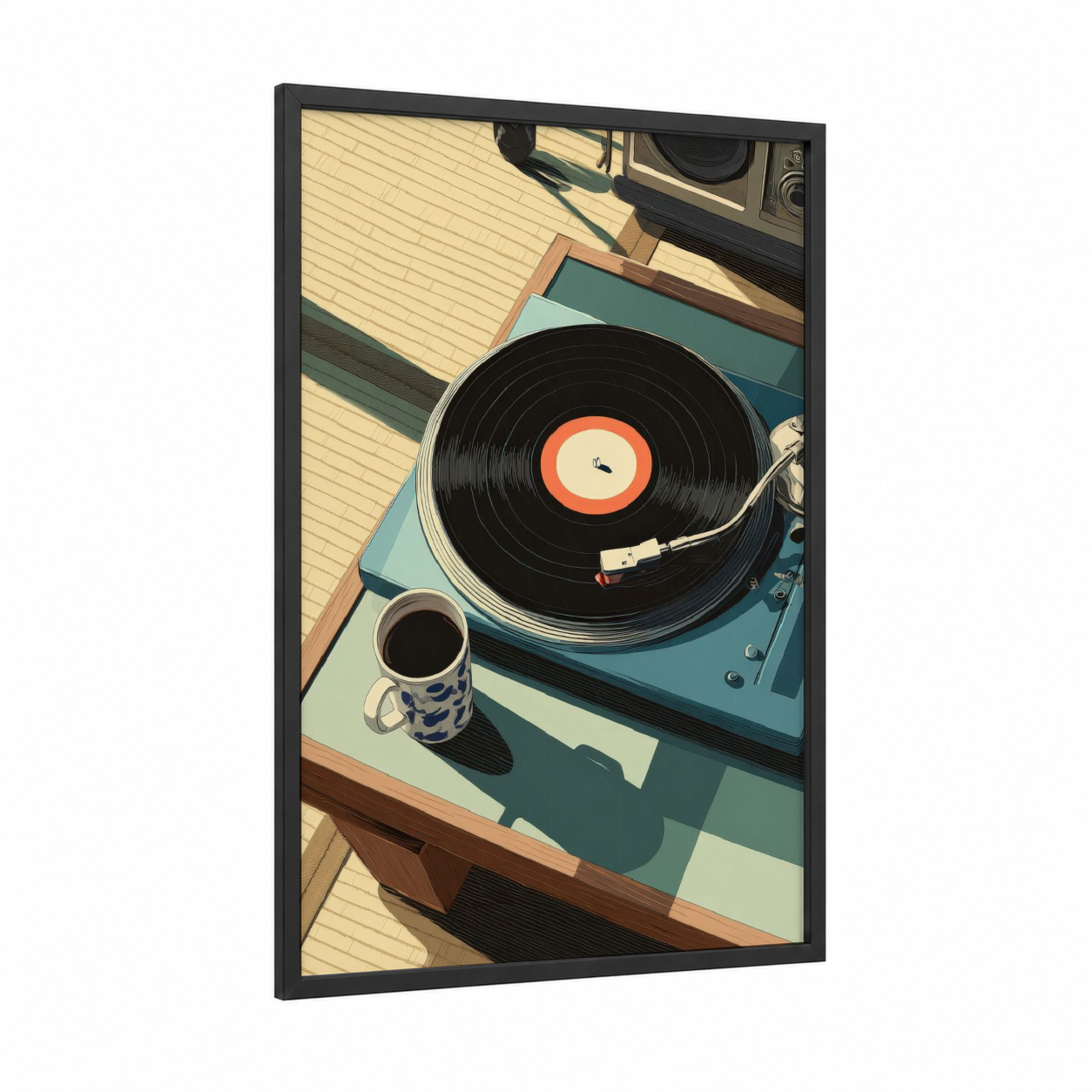 Retro Vinyl Setup framed vinyl records print — black wood frame — cream and teal palette