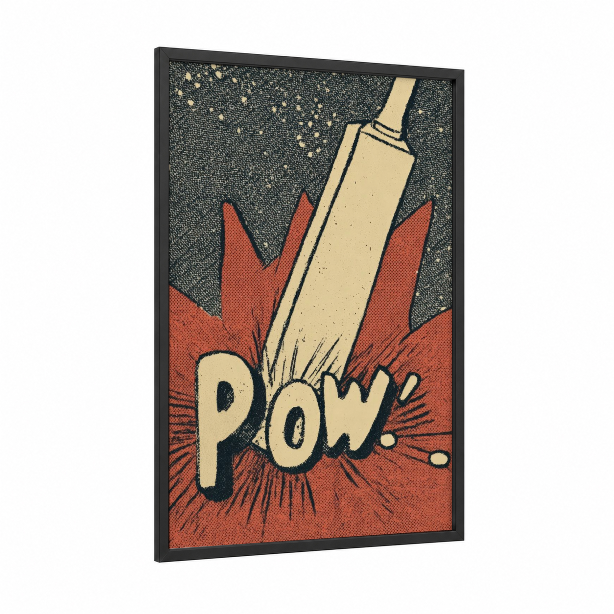 Cricket Pow framed art print — black wood frame — red and cream palette