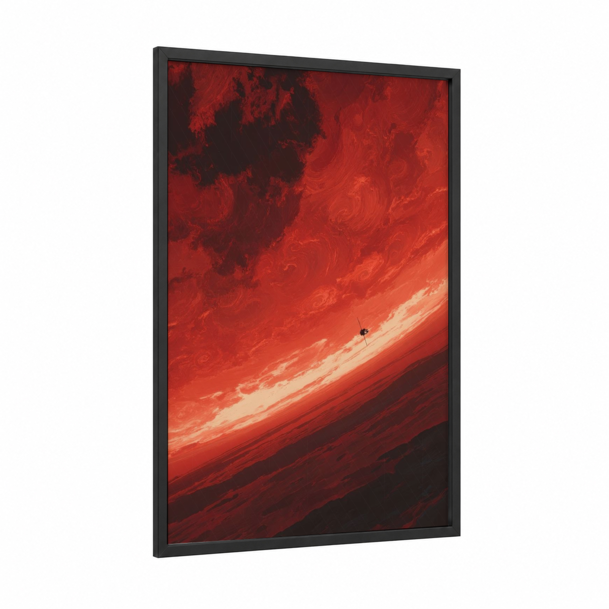 Satellite Space Exploration framed art print — black wood frame — red and black palette