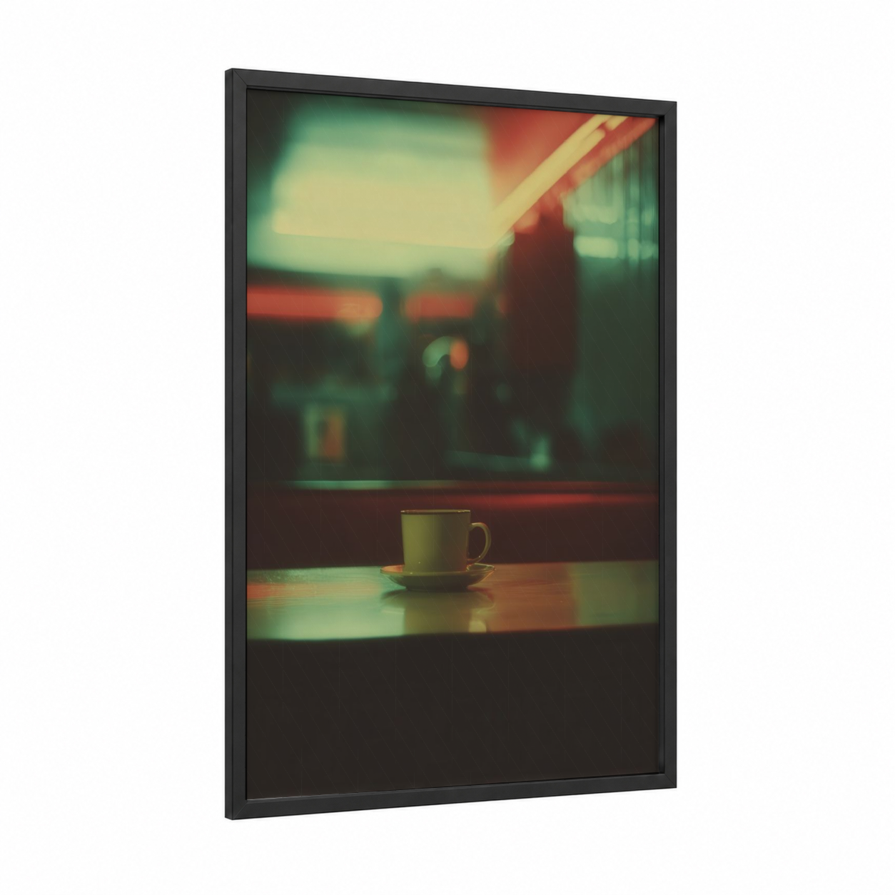Neon Tea Moment framed art print — black wood frame — black and gold and dark green palette