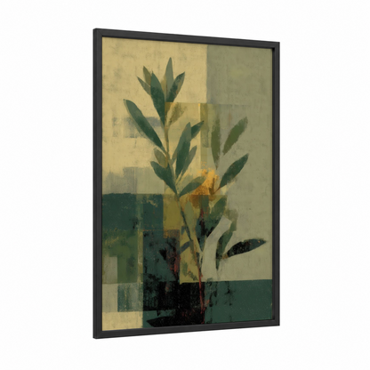 Abstract Olive framed olive tree print — black wood frame — sage green and beige palette