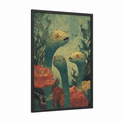 Coral Garden Eels framed art print — black wood frame — teal and gold and pink palette