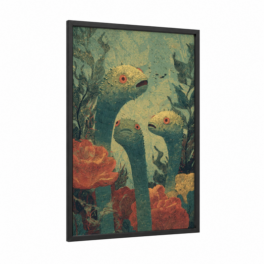 Coral Garden Eels framed art print — black wood frame — teal and gold and pink palette