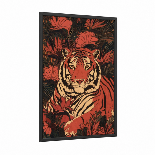 Crimson Tiger Portrait framed art print — black wood frame — red and black and gold palette