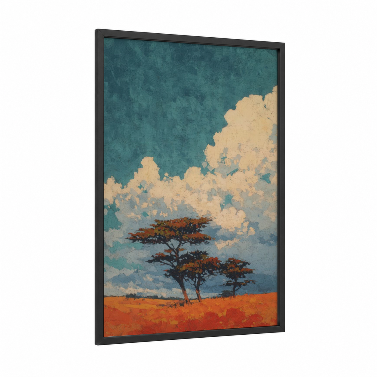 Savanna Windswept framed savanna and desert trees print — black wood frame — teal and gold palette