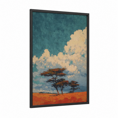 Savanna Windswept framed savanna and desert trees print — black wood frame — teal and gold palette