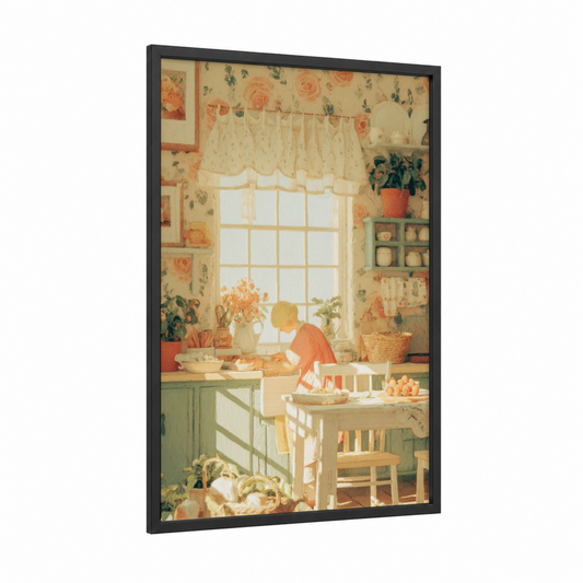 Easter Kitchen Moment framed art print — black wood frame — peach and sage green palette