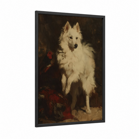 Cream Spitz Portrait framed art print — black wood frame — cream and espresso palette