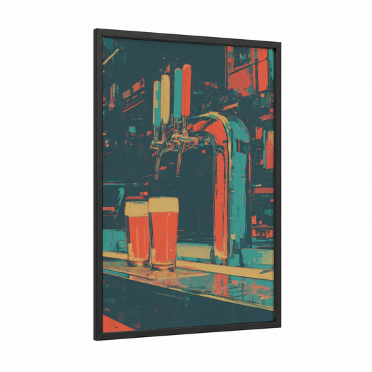 Vintage Draft Station framed beer print — black wood frame — teal and red palette