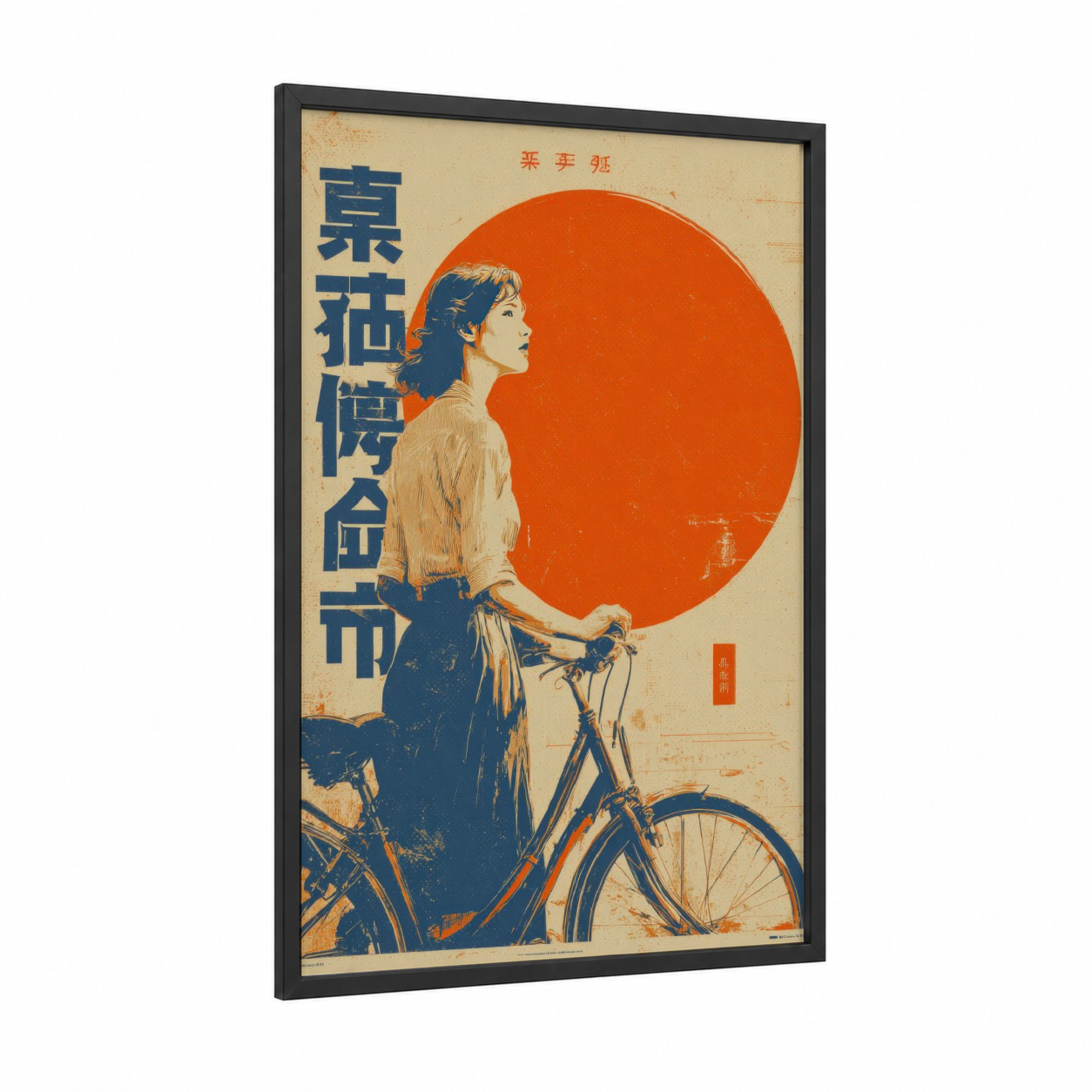 Crimson Cyclist framed vintage japanese ads print — black wood frame — red and blue palette