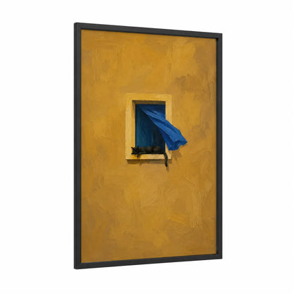 Mediterranean Cat Window Wall Art framed art print — black wood frame — gold and blue palette