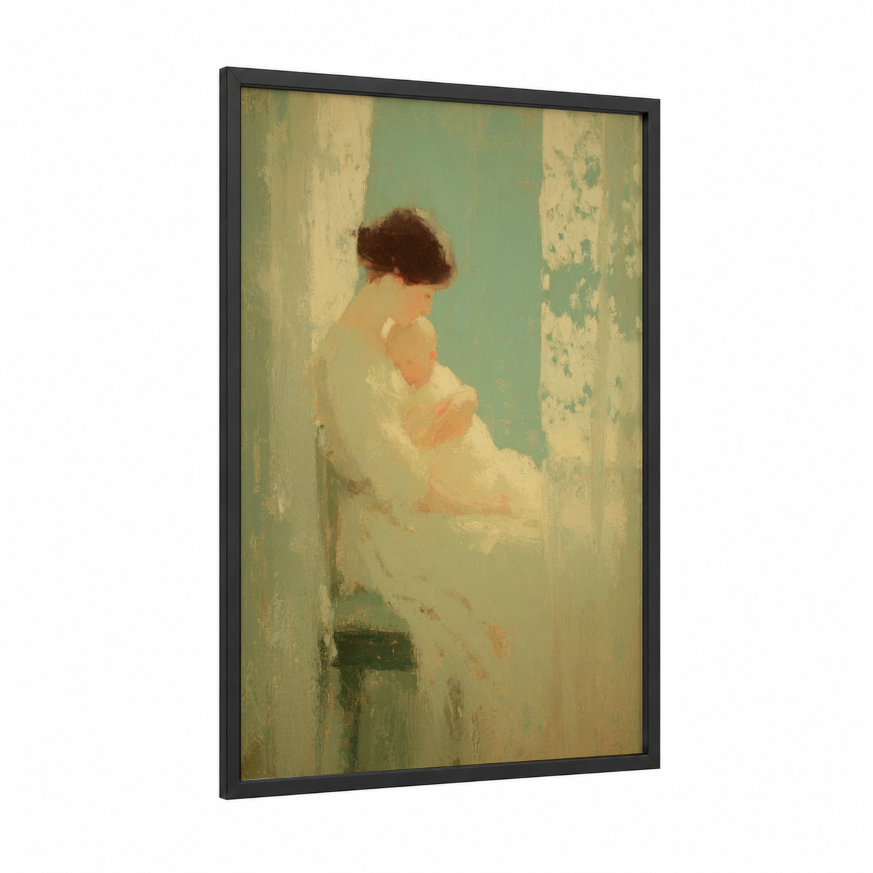 Contemplative Mother framed mother's day print — black wood frame — peach and sage green palette