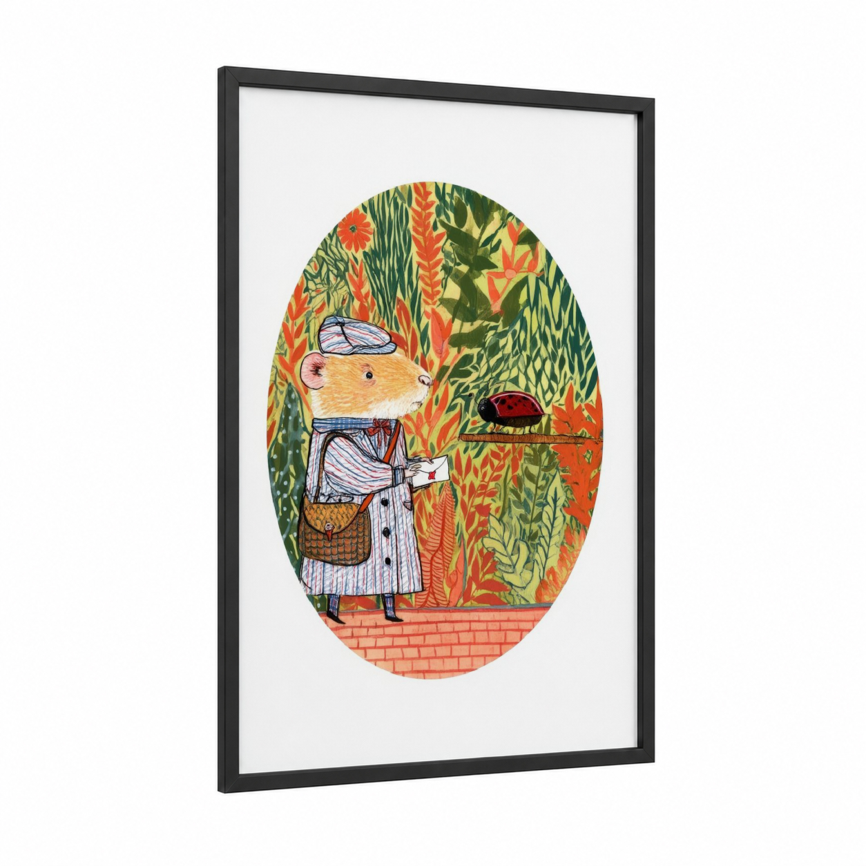 Gardening Hamster framed art print — black wood frame — orange and green palette