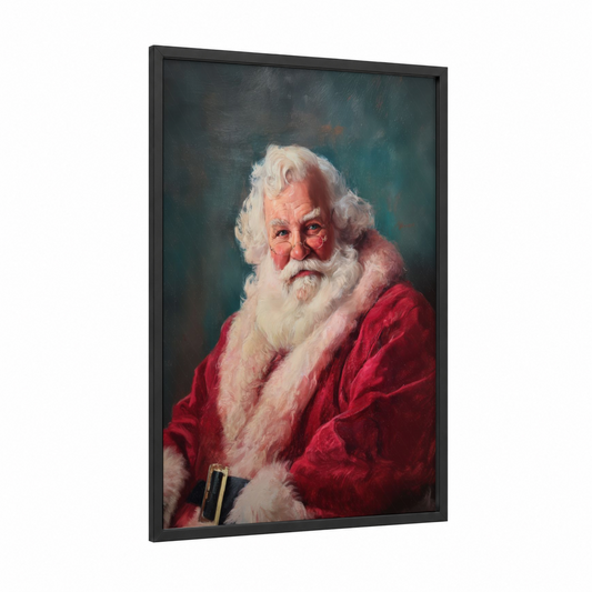 Jolly Santa Portrait framed christmas print — black wood frame — red and white palette