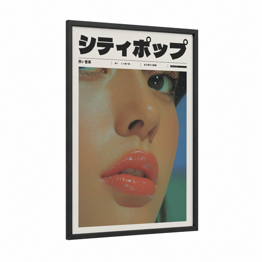 Shimmer Pop Portrait framed anime and manga print — black wood frame — peach and blue and green palette