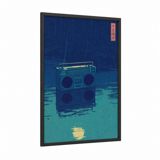 Neon Boombox framed art print — black wood frame — dark blue and turquoise palette