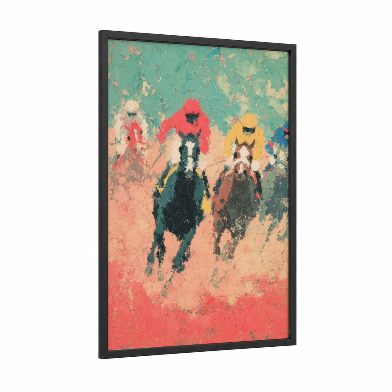 Crimson Racing Surge framed horse racing print — black wood frame — red and gold palette