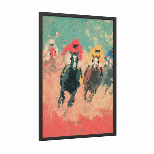 Crimson Racing Surge framed horse racing print — black wood frame — red and gold palette
