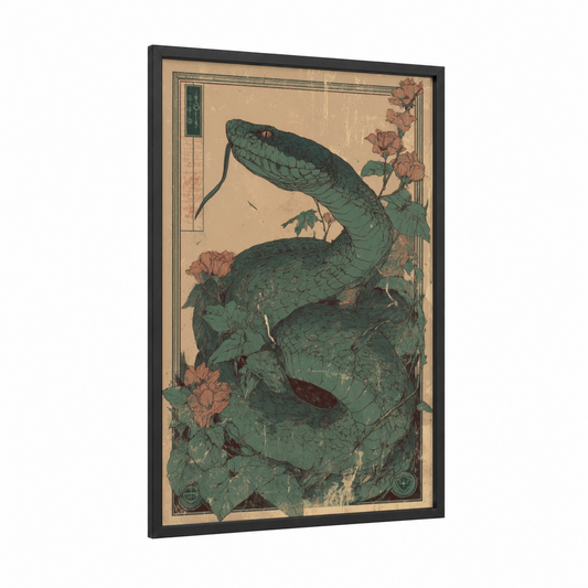 Emerald Rattlesnake framed art print — black wood frame — dark green and peach palette