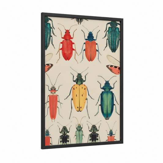Colorful Beetle Collection framed art for boy print — black wood frame — true green and red palette