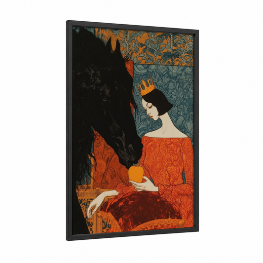 Crowned Maiden framed andalusian horse print — black wood frame — orange and teal palette