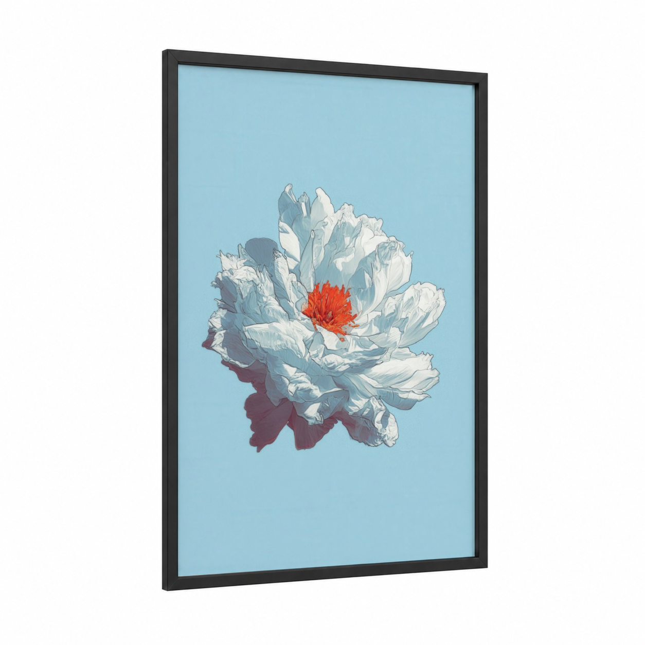 Crimson Peony Bloom framed abstract flower print — black wood frame — blue and white and red palette