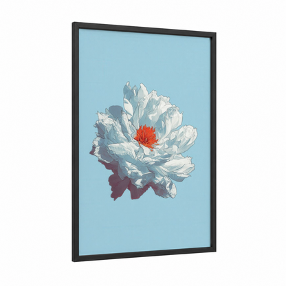 Crimson Peony Bloom framed abstract flower print — black wood frame — blue and white and red palette
