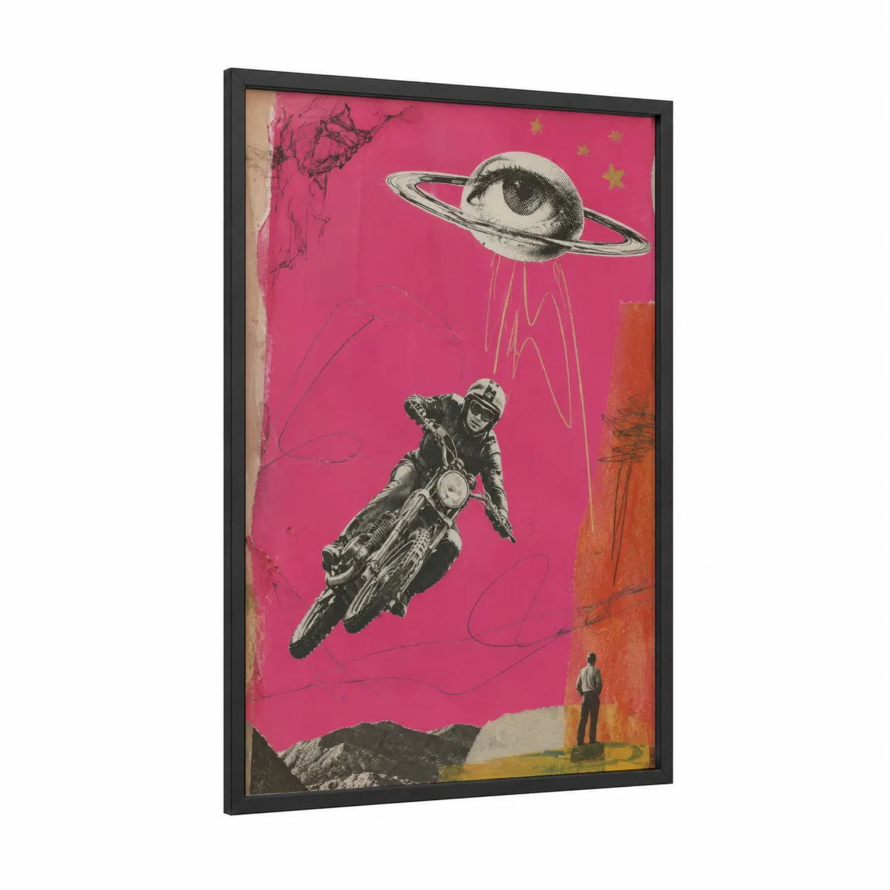 Surreal Motorcycle UFO Wall Art framed art print — black wood frame — magenta and black and white palette