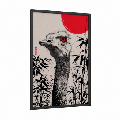 Crimson Ostrich framed art print — black wood frame — black and white and red palette