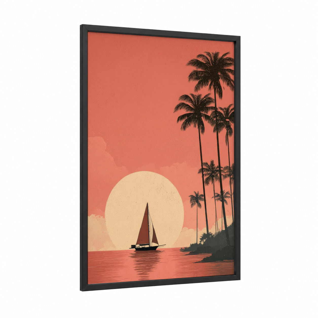 Tropical Sailboat framed sailing ship print — black wood frame — peach and gold palette