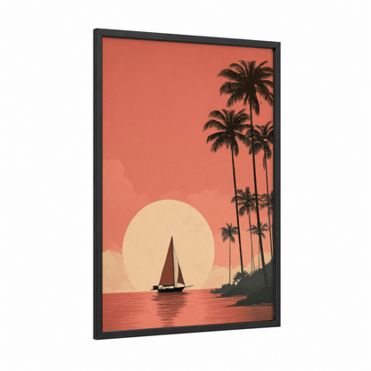 Tropical Sailboat framed sailing ship print — black wood frame — peach and gold palette