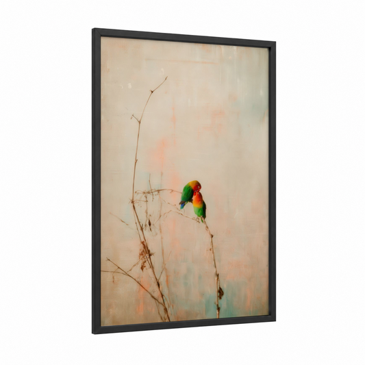 Colorful Parrots Branch framed safari parrots print — black wood frame — cream and sage green palette