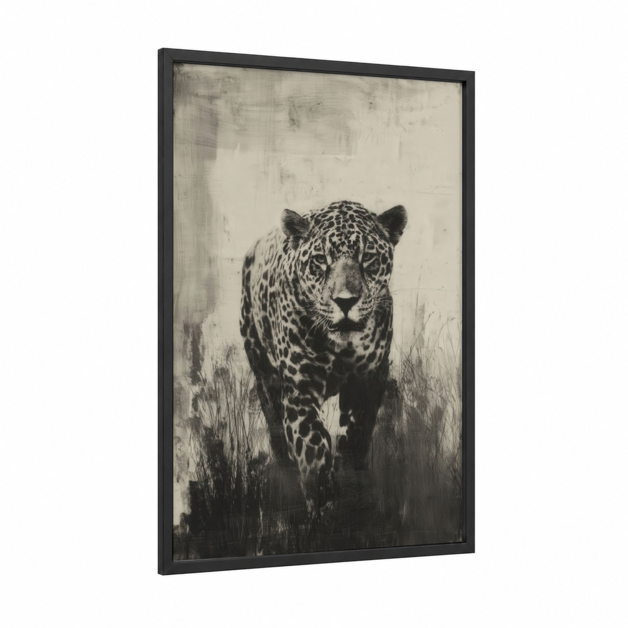Stalking Jaguar framed art print — black wood frame — black and white and gray palette