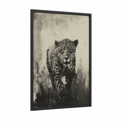 Stalking Jaguar framed art print — black wood frame — black and white and gray palette