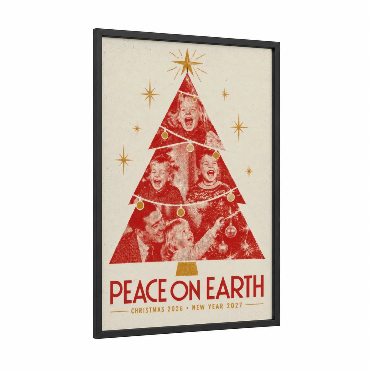 Vintage Christmas Peace On Earth Wall Art framed art print — black wood frame — red and gold palette