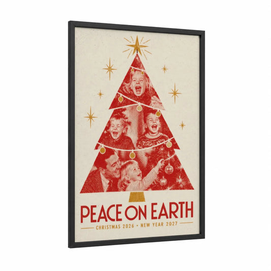 Vintage Christmas Peace On Earth Wall Art framed art print — black wood frame — red and gold palette