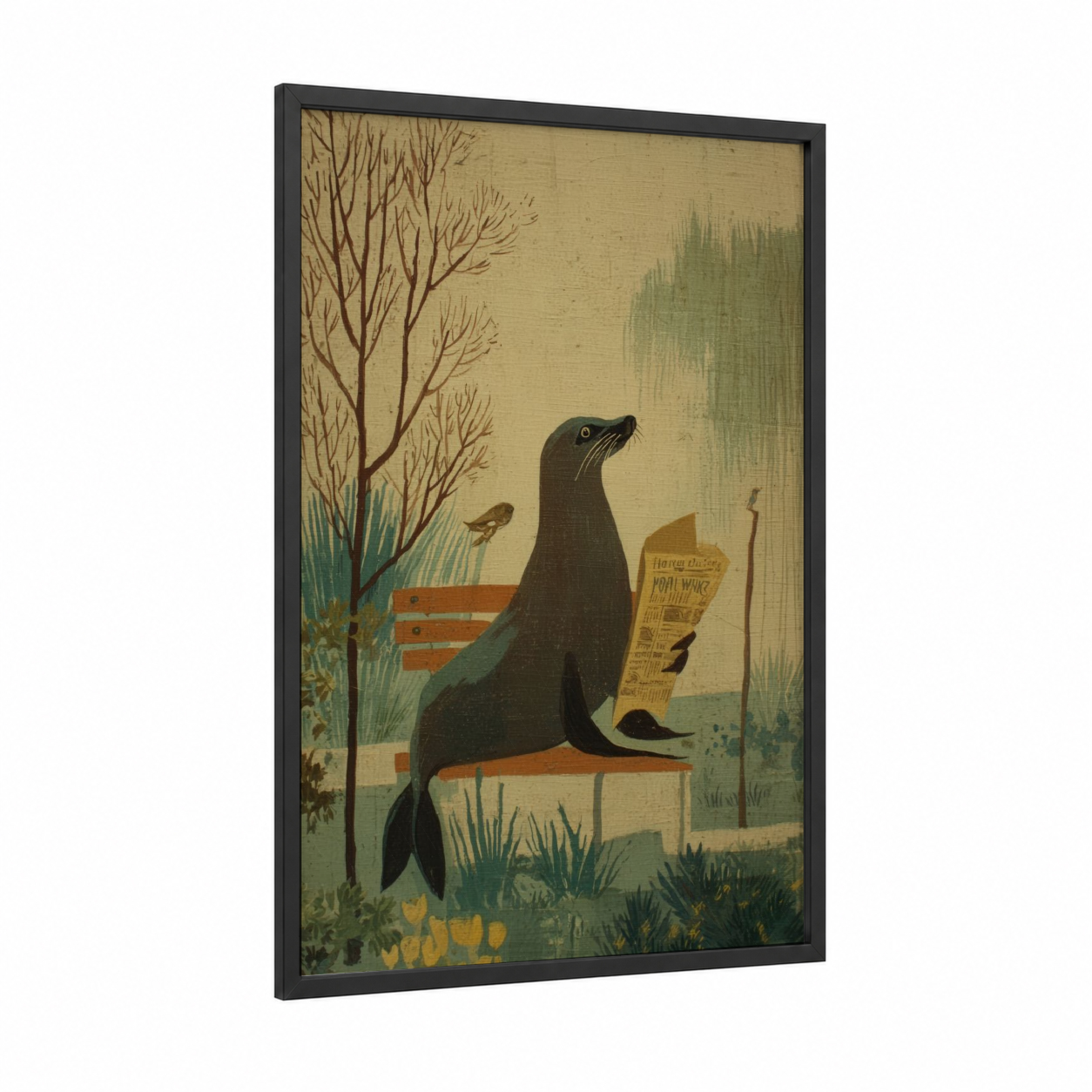 Reading Sea Lion framed art print — black wood frame — cream and sage green palette